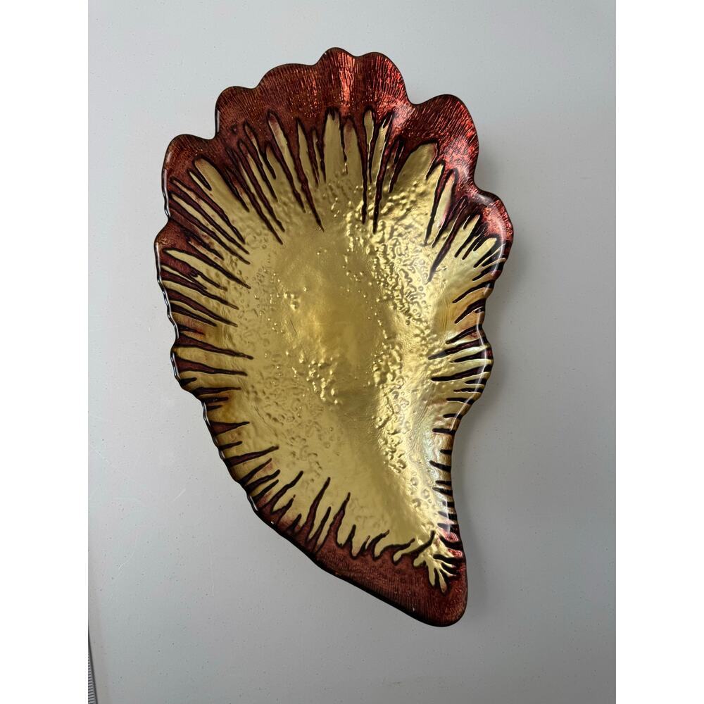 Rusty Gold Red Glass Bowl LARGE Handmade Gold Copper Backpainted 13.5x9” Oyster - Picture 5 of 8